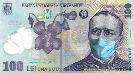 COVID-19, sars-cov-2 coronavirus pandemic going to a financial crush in Europe, one hundred romanian lei bill with Caragiale wearing a protective mask