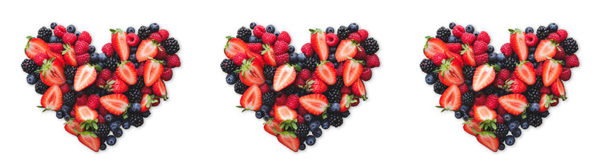 fresh, summery heart, formed from different berries like strawberries, blackberries, raspberries and blueberries
