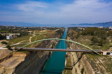 The Corinth Canal aerial view with bridge and traffic line