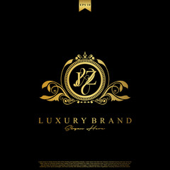 J & Z JZ logo initial Luxury ornament emblem. Initial luxury art vector mark logo, gold color on black background.