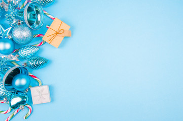 Close-up of Christmas decorations on the blue background