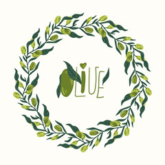 Green olives on a branch vector illustrations wreath. hand draw cartoon Scandinavian nordic design style for fashion or interior or cover or textile or background.