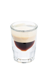 B-52 classic cocktail in a glass isolated on white background. Layered shot composed of a coffee liqueur, an Irish cream, and a triple sec