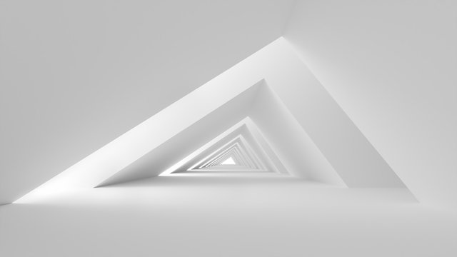 Abstract architectural tunnel, Triangular passage with lumens of light, converging columns on the sides