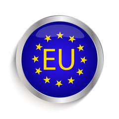 Unique blue button with steel stroke and image of European Union sign and the letters 