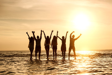 Group of young peoples stands in water at sunset
