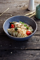 Pasta with eggplant, hazelnuts, pine nuts and cream sauce