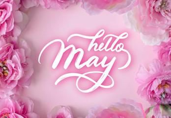 Fototapeta na wymiar Hello May hand lettering inscription with spring flowers on background.