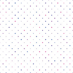 Seamless polka dot pattern. Pink, violet and blue dots in random sizes on white background. Vector illustration - obrazy, fototapety, plakaty