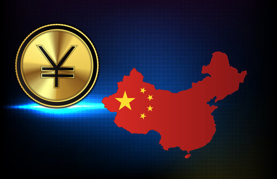 Abstract Background Of Futuristic Technology China Yuan Digital Currency With Red China Map