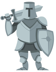 Knight in steel armor. Male character in cartoon style.