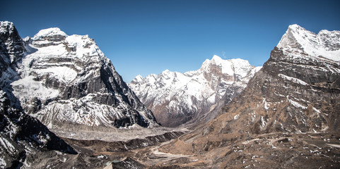 Panorama from Cholatse, Taboche Peak, with prayer flags trekking to Nepal base camp