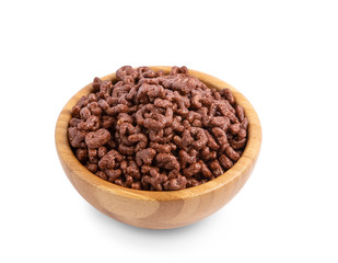 Cornflake chocolate or cornflake nature in the bowl wood is a healthy breakfast that is diet food for every day on top view in white background.