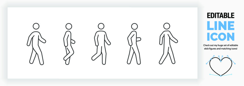 Editable line icon set of a stick man or stick figure walking in different poses in a dynamic outline graphic design style standing on both or one leg in side and front full body view as a eps vector