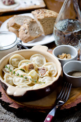 Boiled dumplings. Traditional meat dish of Russian cuisine