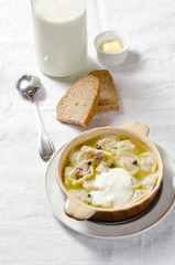 Dumplings in meat broth. Traditional meat dish of Russian cuisine