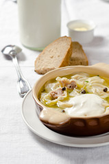 Dumplings in meat broth. Traditional meat dish of Russian cuisine