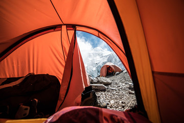 Mera Peak, mountains base camp with snow in Chaurikharka night in tent