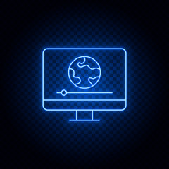 monitor, news, video, global blue neon vector icon .Transparent background. Blue neon vector icon