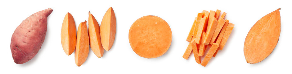 Set of fresh whole and sliced sweet potatoes