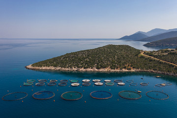 Sea fish farm. Cages for fish farming dorado and seabass. The workers feed the fish a forage. Aerial view of fish farm Greece