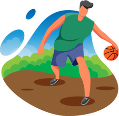 Basketball player with ball on playground, young muscular man in uniform playing match, guy jumping and holds sports basketball, flat people flat character illustration