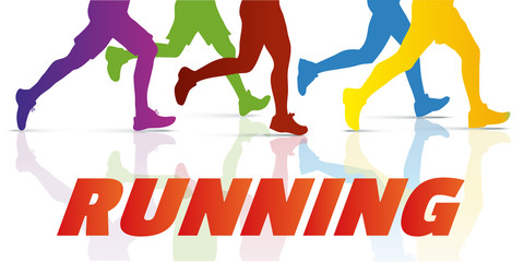 Running group of active people. Colourful runners legs with shadow on the white background illustration.