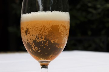 Verre de bière blonde sur une nappe blanche - Département du Rhône - France