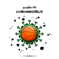 Fototapeta na wymiar Coronavirus sign with basketball ball. Stop covid-19 outbreak. Caution risk disease 2019-nCoV. Cancellation of sports tournaments. The worldwide fight against the pandemic. Vector illustration