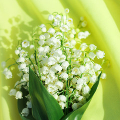 Beautiful bouquet of lilies of the valley on a yellow background, top view