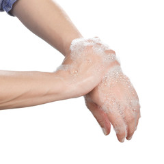 Woman washing hands with anti bacteria soap isolated on white background.         