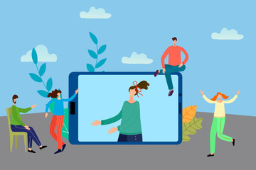 Cute people watch online broadcast on a tablet computer.Concept of online training and online entertainment.Vector illustration.