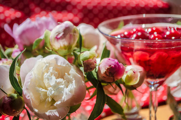 Magic solemn still life with glass of red drink with autumn organic berries surrounded by white flowers in the diagonal striped shadow of the blinds on a bright sunny day. Greeting card on textile