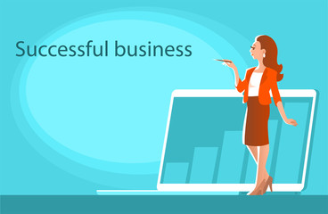 Beautiful business woman is standing on the background of the laptop. Points with a pen to a place for text. Vector illustration with a blue background.