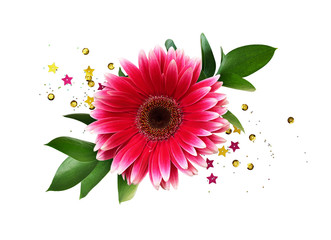 Pink gerbera, ruscus leaves and sparkling golden confetti in a floral arrangement