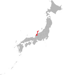 Ishikawa province highlighted red on Japan map. Gray background. Business concepts and backgrounds.