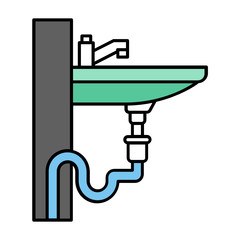 Sink and Faucet Repair Concept. Side View of wash basin and Garbage Disposal Pipeline on White background. Plumber fitting and fixture vector color icon design. 