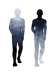 illustration of black white human body in walking pose watercolor painting