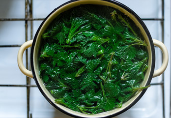 Young nettle leaves cooking in saucepan on top of a stove