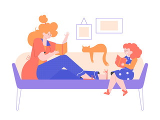 Mom and daughter are sitting on the couch and reading books. Pleasant family evening. Motherhood and childhood. Vector flat illustration.