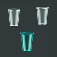
Set of empty plastic glasses on a gray background