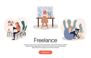 Freelance vector flat landing page template. Freelance worker, self employed, coworking space concept.