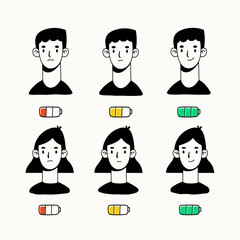 Young people with various states of battery charging. Low and full. Life energy concept. Hand drawn colored Vector illustration. Cartoon style, flat design. All elements are isolated