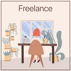 Freelance vector flat card template. Freelance worker, self employed, coworking space concept.