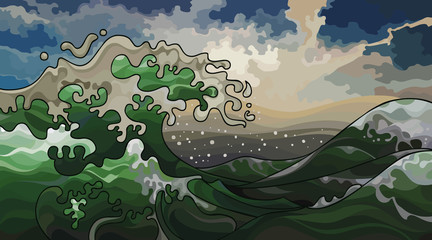 cartoon seascape with beautiful foamed green wave
