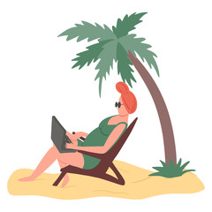 Woman in swimming suit sits in sunbed on the beach and working on laptop vector flat illustration.