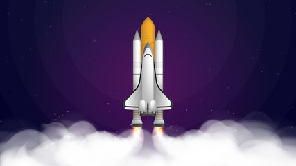 Space trip. Purple banner on the theme of space flight. Space shuttle. Fighter. Rocket Carrier is taking off. Vector.