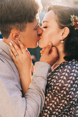 couple engaged, love story, walk around the city at sunset