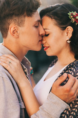 couple engaged, love story, walk around the city at sunset