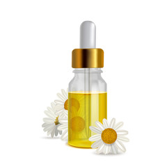 Chamomile Oil Bottle with Flowers in Realistic Style